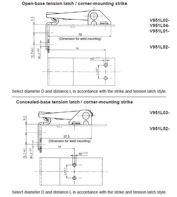 V951L Latch installation dimensions with V951L52 strike